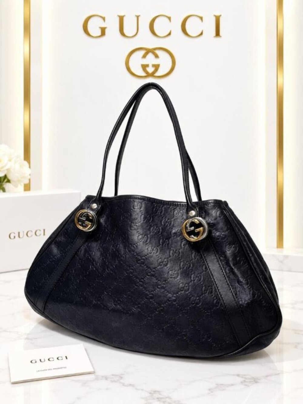 Authentic Gucci Sukey Black Guccissima Leather Large Tote Shoulder Bag GG Charm